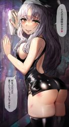 1girl, ass, back, bangs, bare shoulders, beret, black dress, black legwear, blush, breasts, caren hortensia, dress, fate/hollow ataraxia, fate (series), grey hair, hat, highres, large breasts, long hair, looking at viewer, looking back, open mouth, short dress, smile, speech bubble, suou-sensei, thighhighs, translation request, yellow eyes