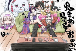 Rule 34 | &gt; &lt;, 1boy, 4girls, :d, ainu clothes, ankle bow, ankle ribbon, barefoot, black hair, black pants, blonde hair, blush, bottle, bow, chaldea uniform, closed eyes, commentary request, controller, couch, cup, drinking glass, faceless, faceless male, fate/grand order, fate (series), flat screen tv, fujimaru ritsuka (male), gradient hair, hands up, heart, heart in mouth, highres, horns, ibaraki douji (fate), ibaraki douji (fate/grand order), ibaraki douji (swimsuit lancer) (fate), ibaraki douji (swimsuit lancer) (third ascension) (fate), illyasviel von einzbern, indoors, jacket, japanese clothes, kimono, leg ribbon, light brown hair, long hair, long sleeves, mochizuki chiyome (fate), multicolored hair, multiple girls, neon-tetora, on couch, oni, open mouth, outstretched arms, pants, parted lips, peeking out, pink hair, pointy ears, purple eyes, purple hair, purple kimono, red bow, remote control, ribbon, short eyebrows, short hair, shuten douji (fate), sitonai (fate), skin-covered horns, smile, soles, sweat, table, television, thick eyebrows, translation request, uniform, very long hair, white background, white jacket, wooden floor, xd