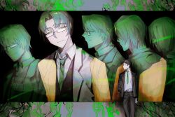 Rule 34 | 2boys, black pants, closed mouth, coat, collared shirt, dongrang (project moon), green eyes, green hair, green necktie, highres, lab coat, limbus company, long sleeves, moufuku001, multiple boys, multiple views, necktie, pants, project moon, samjo (project moon), shirt, smile, white coat, white shirt, wing collar