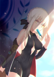 Rule 34 | 1girl, absurdres, adapted costume, argyle, argyle clothes, argyle cutout, armpits, artoria pendragon (alter swimsuit rider) (fate), artoria pendragon (alter swimsuit rider) (first ascension) (fate), artoria pendragon (fate), black dress, black jacket, black ribbon, breasts, breasts apart, cleavage, clothing cutout, cowboy shot, dress, dutch angle, fate/stay night, fate (series), food, hair between eyes, hair ribbon, highres, ice cream, jacket, lens flare, looking at viewer, medium breasts, mouth hold, open clothes, open jacket, popsicle, ribbon, short dress, short hair with long locks, sideboob, silver hair, sleeveless, sleeveless dress, solo, standing, underboob, underboob cutout, xue fengzi, yellow eyes