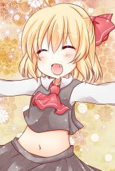 Rule 34 | 1girl, blonde hair, blush, chiya58, embodiment of scarlet devil, closed eyes, fang, female focus, hair ribbon, navel, outstretched arms, ribbon, rumia, smile, solo, spread arms, touhou