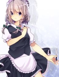 Rule 34 | 1girl, apron, bad id, bad pixiv id, between fingers, blue eyes, blue skirt, braid, hair ribbon, holding, holding knife, izayoi sakuya, knife, knives between fingers, looking at viewer, looking to the side, maid, maid apron, maid headdress, puffy short sleeves, puffy sleeves, ribbon, shian (nyahunya), short hair, short sleeves, silver hair, skirt, solo, touhou, tress ribbon, twin braids