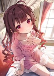 Rule 34 | 1girl, ahoge, arm support, barefoot, brown hair, closed mouth, collarbone, commentary request, dress, drill hair, hand on own chest, highres, lace, lace-trimmed dress, lace trim, long hair, looking at viewer, on bed, original, pillow, pink dress, short sleeves, sitting, smile, solo, summer tail720, yokozuwari