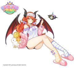 Rule 34 | 1girl, absurdres, aran sweater, asymmetrical legwear, bare shoulders, behemo (princess tale adventure), blush, bow, cable knit, cat, closed mouth, demon girl, demon horns, demon wings, full body, hair bow, heart, highres, horns, legs, long hair, looking at viewer, maett, mismatched legwear, off shoulder, official art, orange eyes, orange hair, princess tale adventure, sitting, slippers, smile, solo, sweater, wings, yarn, yarn ball