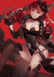 Rule 34 | 1girl, black jacket, black thighhighs, bow, gloves, hair bow, highres, jacket, leotard, long hair, looking at viewer, persona, persona 5, persona 5 the royal, ponytail, red eyes, red gloves, red hair, shei99, simple background, smile, solo, sword, thighhighs, weapon, yoshizawa kasumi