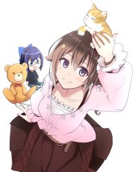 Rule 34 | 1girl, a-chan (hololive), animal, animal on head, ankimo (tokino sora), arm up, belt, blue eyes, blush, breasts, brown belt, brown hair, brown skirt, cat, cat on head, character doll, closed mouth, collarbone, commentary, cowboy shot, eyelashes, from above, fur-trimmed sleeves, fur trim, hair between eyes, hair ornament, highres, hololive, long hair, looking at viewer, medium breasts, nail polish, official alternate costume, on head, pink nails, pink sweater, shirt, simple background, skirt, smile, solo, star (symbol), star hair ornament, stuffed animal, stuffed toy, sweater, teddy bear, tokino sora, tokino sora (casual), tonogai yoshiki, undershirt, virtual youtuber, white background, white shirt, wristband