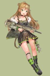 Rule 34 | 1girl, :d, ahoge, ankle wrap, asymmetrical legwear, bag, bare shoulders, black dress, black footwear, blush, bow, breasts, camouflage, cleavage, coat, collarbone, double bun, dress, fishnets, full body, fur trim, girls&#039; frontline, green background, green bow, green eyes, green socks, gun, hair bow, hair bun, highres, holding, holding gun, holding weapon, jewelry, kkrin1013, kneehighs, long hair, long sleeves, mary janes, mismatched legwear, necklace, off shoulder, open clothes, open coat, open mouth, pendant, rfb (girls&#039; frontline), shoes, simple background, small breasts, smile, socks, solo, straight hair, striped clothes, striped socks, stuffed animal, stuffed toy, teddy bear, trigger discipline, vertical-striped clothes, vertical-striped socks, weapon