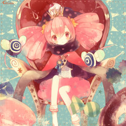 Rule 34 | 10s, 1girl, candy, cape, charlotte (madoka magica), clasp, crown, dotted line, drill hair, food, mahou shoujo madoka magica, mahou shoujo madoka magica (anime), penpon, personification, pink eyes, pink hair, pyotr (madoka magica), sleeves past wrists, sweets, throne, twin drills, twintails