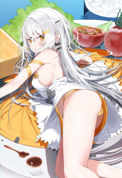 Rule 34 | 1girl, absurdres, ass, bare shoulders, breasts, commentary request, dress, feathered wings, feet out of frame, from side, grey hair, hair between eyes, hair ornament, hairclip, highres, kamioka shun&#039;ya, large breasts, long hair, looking at viewer, looking to the side, mini person, mini wings, minigirl, orange eyes, orange panties, original, panties, sideboob, solo, tomato, underwear, very long hair, white dress, white wings, wings