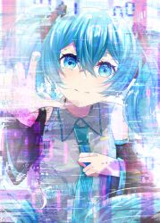 Rule 34 | 1girl, binary, blue eyes, blue hair, blush, collared shirt, detached sleeves, glitch, hair ornament, hand on own chest, hatsune miku, highres, long hair, long sleeves, looking at viewer, moso4hc, nail polish, necktie, reaching, reaching towards viewer, shirt, sleeveless, sleeveless shirt, smile, solo, tearing up, twintails, very long hair, vocaloid