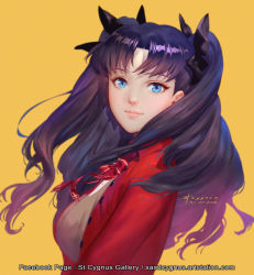 Rule 34 | 1girl, artist name, artstation username, black hair, blue eyes, blurry, blush, bow, bowtie, breasts, buttons, collared jacket, cross, dated, facebook username, fate/stay night, fate (series), floating hair, hair ribbon, highres, jacket, light smile, lips, long hair, long legs, long sleeves, looking at viewer, looking to the side, medium breasts, neck ribbon, nose, parted bangs, red bow, red jacket, red ribbon, ribbon, shiny skin, signature, simple background, solo, st. cygnus, tohsaka rin, two side up, uniform, upper body, yellow background