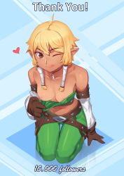 Rule 34 | 1girl, ;), ;q, absurdres, ahoge, bad id, bad twitter id, bandeau, bandeau pull, bare shoulders, belt, blonde hair, breasts, brown eyes, brown gloves, elf, full body, gloves, green bandeau, green pants, hair between eyes, hair tubes, heart, highres, inactive account, looking at viewer, loose belt, medium breasts, midriff, milestone celebration, navel, nil sunna, nipples, one eye closed, original, pants, pointy ears, puffy nipples, seiza, short hair, sidelocks, sitting, smile, solo, sparkle, sunna (nilsunna), thank you, tongue, tongue out