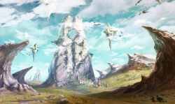 Rule 34 | 1other, blue sky, building, cliff, commentary request, day, defensive wall, dragon, fantasy, floating, floating object, flock, flying, haguruma rapt, highres, holding, holding staff, horizon, machine, magic, megastructure, metal, mountain, nature, original, outdoors, plant, rock, ruins, scenery, sky, staff, standing, stream, tower, town, vines, water, western dragon, windmill