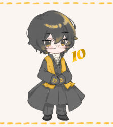 Rule 34 | 1boy, black coat, black eyes, black footwear, black gloves, black hair, black pants, chibi, closed mouth, coat, full body, glasses, gloves, jewelry, limbus company, long sleeves, necklace, pants, project moon, shoes, simple background, solo, stole, uchimura (rino0525), white background, yi sang (project moon)