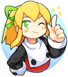 Rule 34 | 1girl, ;), bachera, blonde hair, blue background, blush stickers, closed mouth, commentary request, cropped torso, dress, green eyes, green ribbon, hair ribbon, hand up, index finger raised, long hair, long sleeves, looking at viewer, mega man (classic), mega man (series), one eye closed, ponytail, red dress, ribbon, roll (mega man), smile, solo, sparkle, two-tone background, upper body, v-shaped eyebrows, white background