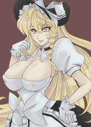 Rule 34 | 1girl, areola slip, blonde hair, bonnet, braid, breasts, cleavage, covered erect nipples, dtcy, female focus, gloves, hand on own hip, highres, hip focus, kirisame marisa, large breasts, long hair, new super marisa land, simple background, solo, touhou, very long hair, yellow eyes