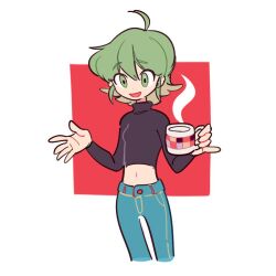 Rule 34 | 1girl, ahoge, black shirt, black sleeves, blue pants, buttons, commentary, cropped legs, cup, dated commentary, denim, dolman (dm), eyelashes, green eyes, green hair, holding, holding cup, jeans, long sleeves, looking ahead, midriff, mug, navel, open mouth, original, outstretched hand, pants, pocket, shirt, short hair, simple background, smile, solo, square, steam, turtleneck, turtleneck shirt, white background