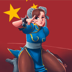 Rule 34 | 1girl, ;), arthur franca, blue dress, boots, bracelet, breasts, brown eyes, brown hair, brown pantyhose, bun cover, capcom, china dress, chinese clothes, chun-li, double bun, dress, earrings, gradient background, hair bun, jewelry, knee boots, lips, nose, one eye closed, pantyhose, pelvic curtain, puffy short sleeves, puffy sleeves, sash, short hair, short sleeves, sitting, smile, solo, spiked bracelet, spikes, street fighter, v over eye, wariza, white footwear