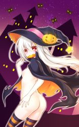 Rule 34 | 1girl, ass, bat (animal), blush, candy, flat chest, food, halloween, hat, highres, jack-o&#039;-lantern, lethe-shion, lollipop, long hair, looking back, red eyes, sky, solo, striped clothes, striped thighhighs, thighhighs, white hair, witch hat