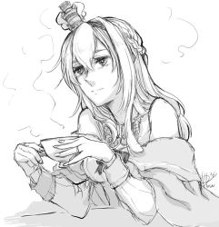 Rule 34 | 1girl, bare shoulders, braid, breasts, closed mouth, crown, cup, dated, dress, elbow rest, fingernails, flower, french braid, greyscale, hair between eyes, hair over shoulder, hairband, holding, holding cup, jewelry, kantai collection, long hair, long sleeves, mini crown, monochrome, necklace, off-shoulder dress, off shoulder, ribbon, ring, rose, signature, smile, solo, steam, teacup, upper body, warspite (kancolle), wedding band, yamada rei (rou)