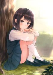 Rule 34 | 1girl, absurdres, black footwear, blue skirt, brown eyes, brown hair, dappled sunlight, day, from side, fujita hidetoshi, full body, grass, highres, hugging own legs, kneehighs, knees to chest, loafers, long sleeves, looking at viewer, looking to the side, original, outdoors, pleated skirt, school uniform, shirt, shoes, short hair, sitting, skirt, smile, socks, solo, sunlight, tree, vest, wall, white socks