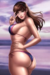 Rule 34 | 1girl, absurdres, artist logo, asian, ass, bikini, blizzard (company), breasts, brown eyes, brown hair, cleavage, d.va (overwatch), deviantart username, evening, female focus, flowerxl, from side, hair in wind, hana song, highres, korean female, large breasts, lipstick, long hair, looking at viewer, looking back, makeup, markings, overwatch, purple bikini, purple sky, red lips, sideboob, sky, solo, swimsuit, thick body, thighs, tiara, v, video game character