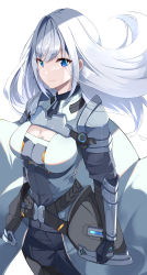 Rule 34 | absurdres, armor, blue eyes, breast tattoo, breasts, cleavage cutout, clothing cutout, ethel (xenoblade), grey hair, highres, large breasts, long hair, risumi (taka-fallcherryblossom), shoulder armor, shoulder pads, simple background, solo, tattoo, very long hair, white background, xenoblade chronicles (series), xenoblade chronicles 3