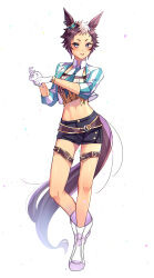Rule 34 | 1girl, absurdres, animal ears, belt, black shorts, blue eyes, blue neckerchief, blush, boots, breasts, brown shirt, collared shirt, cropped jacket, ear ornament, ear piercing, full body, gloves, hands up, highres, horse ears, horse girl, horse tail, jacket, looking at viewer, medium breasts, mejiro ryan (umamusume), midriff, multicolored hair, navel, neckerchief, open clothes, open jacket, open mouth, piercing, pmoufu, shirt, short hair, short shorts, shorts, solo, standing, streaked hair, tail, thigh belt, thigh strap, tied shirt, umamusume, white background, white footwear, white gloves, white hair, white shirt