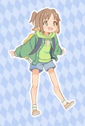 Rule 34 | + +, 1girl, :d, argyle, argyle background, argyle clothes, backpack, bag, bare legs, blue background, blue shorts, brown hair, colored inner hair, commentary, drawstring, fang, full body, green eyes, green hoodie, green jacket, gustavo schuler, hair intakes, highres, hood, hood down, hoodie, jacket, looking away, multicolored hair, oka asahi, onii-chan wa oshimai!, open mouth, orange hair, outline, shoes, shorts, simple background, smile, socks, solo, two-tone hair, two side up, white outline