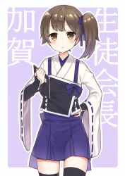 Rule 34 | 10s, 1girl, adapted costume, brown eyes, brown hair, hand on own hip, japanese clothes, kaga (kancolle), kantai collection, masuishi kinoto, personification, ribbon-trimmed sleeves, ribbon trim, shima (shima je), short hair, side ponytail, solo, thighhighs