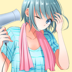 Rule 34 | 10s, 1girl, alternate costume, blue eyes, blue hair, cable, casual, drying, hair dryer, mahou shoujo madoka magica, mahou shoujo madoka magica (anime), matching hair/eyes, miki sayaka, one eye closed, shirt, short hair, short sleeves, simple background, solo, striped clothes, striped shirt, suzunosenchi, t-shirt, towel, upper body, wince, wind, yellow background