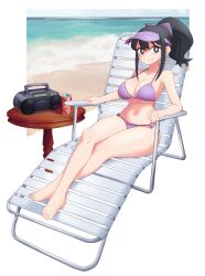 Rule 34 | 1girl, absurdres, bare shoulders, beach, beach chair, bikini, black eyes, black hair, boombox, border, bow, bow bikini, breasts, bright pupils, brownish hare, can, cleavage, closed mouth, cloud, cloudy sky, collarbone, commentary, crossed legs, day, drink can, english commentary, full body, hair between eyes, hair bow, high ponytail, highres, large breasts, long hair, looking at viewer, navel, ocean, original, outside border, purple bikini, purple bow, sidelocks, skindentation, sky, smile, soda can, solo, straight hair, string bikini, swimsuit, table, veronica (brownish hare), visor cap, white border, white pupils, wooden table