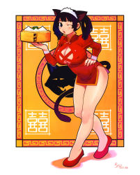 Rule 34 | 1girl, 2003, animal ears, artist name, bare legs, black eyes, black hair, breasts, cat ears, cat tail, china dress, chinese clothes, covered navel, dated, dress, covered erect nipples, food, full body, hand on own hip, highres, holding, huge breasts, long sleeves, one eye closed, original, ryoji (nomura ryouji), side slit, solo, standing, tail, tray, wink