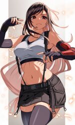 Rule 34 | 1girl, absurdres, black hair, breasts, final fantasy, final fantasy vii, final fantasy vii remake, fingerless gloves, gloves, highres, large breasts, long hair, looking to the side, navel, red eyes, skirt, smile, solo, suspenders, tank top, temoc, thighhighs, tifa lockhart