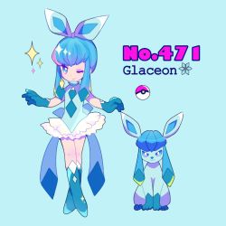 Rule 34 | 1girl, bad id, bad pixiv id, blue background, blue eyes, blue gloves, character name, creatures (company), earrings, english text, full body, game freak, gen 4 pokemon, glaceon, gloves, jewelry, long hair, looking at viewer, moemon, narumame, nintendo, one eye closed, personification, poke ball, poke ball (basic), pokedex number, pokemon, pokemon (creature), shoes, simple background, sleeveless, smile, sparkle