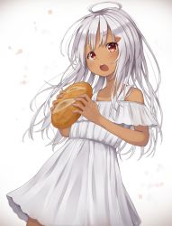 Rule 34 | 1girl, ahoge, bread, collarbone, commentary request, dark skin, dark-skinned female, dress, eating, food, hair ornament, hairclip, highres, holding, long hair, mamemochi, open mouth, original, partial commentary, red eyes, silver hair, solo, sundress, white dress