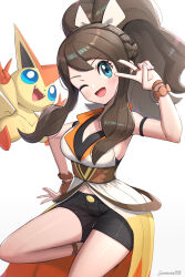 Rule 34 | 1girl, absurdres, blue eyes, breasts, brown hair, clothing cutout, commentary request, creatures (company), curly hair, game freak, gen 5 pokemon, gonzarez, high ponytail, highres, hilda (pokemon), hilda (sygna suit) (pokemon), large breasts, legendary pokemon, long hair, mythical pokemon, navel, navel cutout, nintendo, official alternate costume, one eye closed, pokemon, pokemon (creature), pokemon masters ex, short shorts, shorts, sidelocks, thighs, v, victini