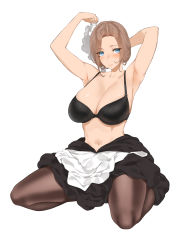 Rule 34 | 1girl, apron, armpits, arms up, black bra, black dress, blue eyes, blush, bra, breasts, brown hair, brown thighhighs, cleavage, dress, dressing, edea (throtem), hat, highres, kneeling, large breasts, looking at viewer, maid, maid apron, mob cap, navel, original, simple background, sitting, solo, spread legs, stomach, thighhighs, throtem, tying hair, underwear, unworn headwear, white background, white hat