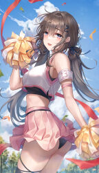 Rule 34 | 1girl, absurdres, armband, ass, bare shoulders, black panties, black shirt, black thighhighs, blue eyes, breasts, brown hair, cheerleader, cowboy shot, crop top, crop top overhang, day, hair ornament, hairclip, highres, holding, holding pom poms, long hair, looking at viewer, low twintails, medium breasts, midriff, miniskirt, open mouth, original, outdoors, panties, pantyhose, pink skirt, pippin (pippin sol), pleated skirt, pom pom (cheerleading), pom poms, shirt, skirt, sleeveless, sleeveless shirt, smile, solo, standing, thighhighs, thighs, twintails, twisted torso, undershirt, underwear, very long hair, white shirt