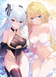 Rule 34 | 2girls, absurdres, armpits, bare shoulders, black leotard, black thighhighs, blonde hair, blue eyes, breasts, cleavage, clothing cutout, collarbone, criss-cross halter, demon girl, demon horns, detached sleeves, feathers, frills, fuuna, halterneck, hand up, highleg, highleg leotard, highres, horns, large breasts, leotard, long hair, long sleeves, looking at viewer, midriff, miniskirt, multiple girls, navel, no panties, open mouth, original, panties, parted lips, pelvic curtain, pointy ears, red eyes, revealing clothes, single thighhigh, skindentation, skirt, smile, spaghetti strap, stomach, strapless, string panties, thighhighs, thighs, underboob, underboob cutout, underwear, white hair, white panties, white skirt