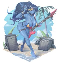 Rule 34 | 1girl, absurdres, bangle, bare shoulders, barefoot, beach, bikini, blonde hair, blue hair, blue skin, bracelet, breasts, choker, cleavage, collarbone, colored sclera, colored skin, day, earrings, electric guitar, full body, geistbox, guitar, hair ornament, highres, holding, holding instrument, hoop earrings, instrument, jewelry, large breasts, leaning forward, long hair, looking at viewer, multicolored hair, nail polish, one eye closed, original, outdoors, palm tree, pandy (geistbox), pink nails, ponytail, side-tie bikini bottom, smile, solid eyes, solo, speaker, standing, star (symbol), star choker, star hair ornament, streaked hair, string bikini, summer, swimsuit, thigh strap, tree, wet, yellow sclera