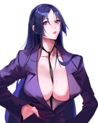 Rule 34 | 1girl, absurdres, between breasts, breasts, cleavage, contemporary, fate/grand order, fate (series), highres, jacket, large breasts, lips, long hair, looking at viewer, milin (orange maru), minamoto no raikou (fate), mole, mole on breast, nail polish, necktie, purple eyes, purple hair, simple background, solo, suit jacket, unworn shirt, upper body, very long hair, white background