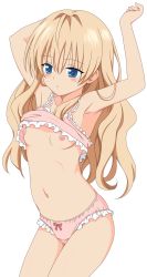 Rule 34 | 1girl, absurdres, armpits, arms up, blonde hair, blue eyes, blush, bra, breasts, clothes lift, colorized, flat chest, highres, lingerie, long hair, mayoi neko overrun!, navel, nipples, panties, shirt lift, solo, source request, umenomori chise, underwear, underwear only, vector trace, yabuki kentarou