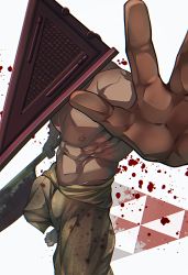 Rule 34 | 1boy, abs, bara, blood, blood splatter, clothes down, crow (siranui), foot out of frame, foreshortening, from above, helmet, highres, holding, holding weapon, large pectorals, male focus, mature male, muscular, muscular male, navel, nipples, open hand, pants, pectorals, perspective, pyramid head, silent hill (series), silent hill 2, solo, stomach, topless male, weapon, yellow pants