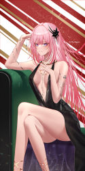 Rule 34 | 1girl, absurdres, artist name, axylon, black dress, breasts, cleavage, closed mouth, couch, crossed legs, dress, elysia (honkai impact), hair ornament, highres, honkai (series), honkai impact 3rd, jewelry, long hair, looking at viewer, necklace, pink eyes, pink hair, rosary, sitting, sleeveless, sleeveless dress, solo, thighs