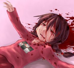 Rule 34 | 1girl, aosora (mizore), bad id, bad pixiv id, blood, blood on clothes, blood on face, dying, lying, madotsuki, pink shirt, red eyes, shirt, smile, solo, spoilers, suicide, tears, twintails, yume nikki
