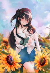 Rule 34 | 2girls, absurdres, artist name, azur lane, baby, bare shoulders, black hair, blue skirt, blush, bow, breasts, brown hair, cloud, collarbone, crossed bangs, flower, hair between eyes, hair bow, highres, jewelry, long sleeves, looking at viewer, mapidraw, medium breasts, mother and daughter, multiple girls, off shoulder, overalls, pencil skirt, red eyes, ring, see-through, shirt, short hair, side ponytail, sidelocks, size difference, skirt, sky, socks, strapless, strapless shirt, sunflower, u-47 (azur lane)