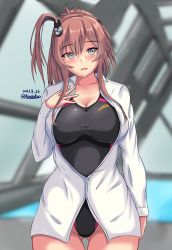 Rule 34 | 1girl, alternate costume, black one-piece swimsuit, blurry, blurry background, breasts, brown hair, collarbone, collared shirt, competition swimsuit, grey eyes, hair between eyes, highres, kantai collection, large breasts, long sleeves, montemasa, one-piece swimsuit, ponytail, rei no pool, saratoga (kancolle), shirt, side ponytail, sidelocks, smokestack hair ornament, solo, swimsuit, swimsuit under clothes, white shirt