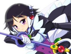Rule 34 | 1990s (style), 1girl, black dress, black hair, bodice, brooch, corrector yui, dress, jewelry, juliet sleeves, long sleeves, looking at viewer, magical girl, mole, obara gaun, puffy sleeves, purple eyes, shinozaki ai, short hair, smile, solo, wand, white background