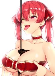 Rule 34 | 1girl, blush, breasts, bust cup, chocolate, chocolate on body, chocolate on breasts, choker, dripping, food between breasts, food on body, hair ribbon, heterochromia, hololive, houshou marine, large breasts, long hair, melting, naked ribbon, no eyepatch, red eyes, red hair, red ribbon, ribbon, solo, takurowo, twintails, upper body, valentine, virtual youtuber, yellow eyes